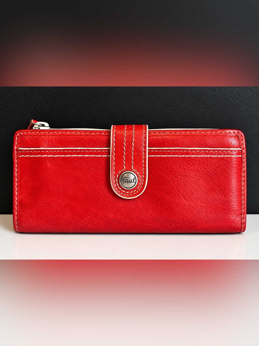 Fossil Red Genuine Leather Organizer Wallet Retro Y2K Zip Pocket